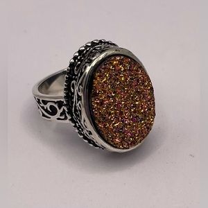 Druzy Sterling Silver 925 Ring Natural Gemstone Crystal Edwardian Design Setting